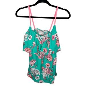 ISLAND SOUL / teal green pink white floral ruffle tankini top / XL